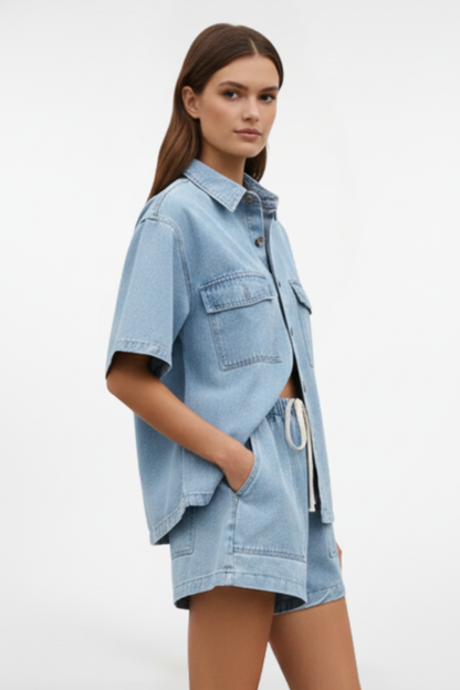 Chic Denim Collection | Women's Denim Two Piece Set with Short-Sleeve Jacket & High-Waist Shorts | Versatile Outfit for Spring and Summer