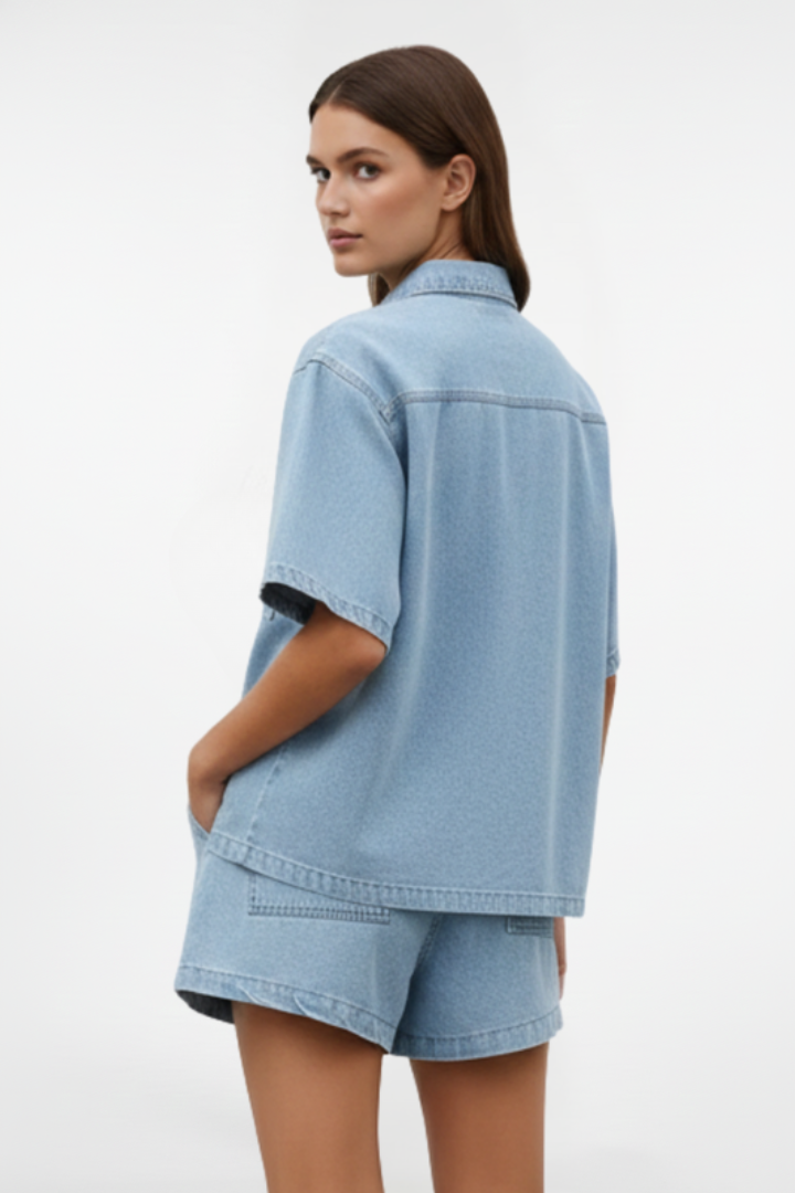 Chic Denim Collection | Women's Denim Two Piece Set with Short-Sleeve Jacket & High-Waist Shorts | Versatile Outfit for Spring and Summer