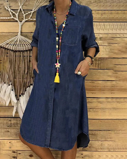 Chic Denim Dress Women | Stylish Denim Shirt Dress with Pockets for Versatile Casual Wear