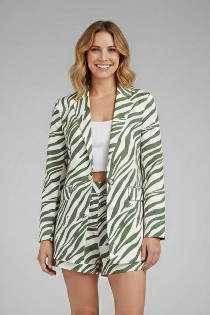 Chic Ensemble | Women's Outfit with Tailored Blazer & Printed Shorts | Versatile Two-Piece Set for Effortless Elegance