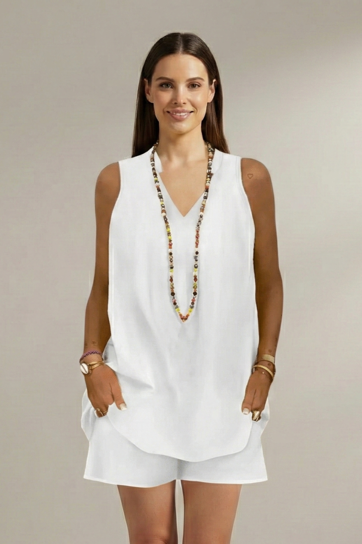 Chic Ensemble | Women's Two Piece Set with V-Neck Tunic & Elastic Waist Shorts | Stylish Comfort for Everyday Wear