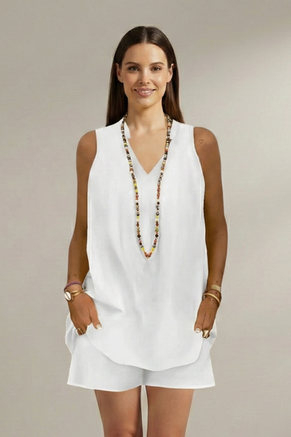 Chic Ensemble | Women's Two Piece Set with V-Neck Tunic & Elastic Waist Shorts | Stylish Comfort for Everyday Wear