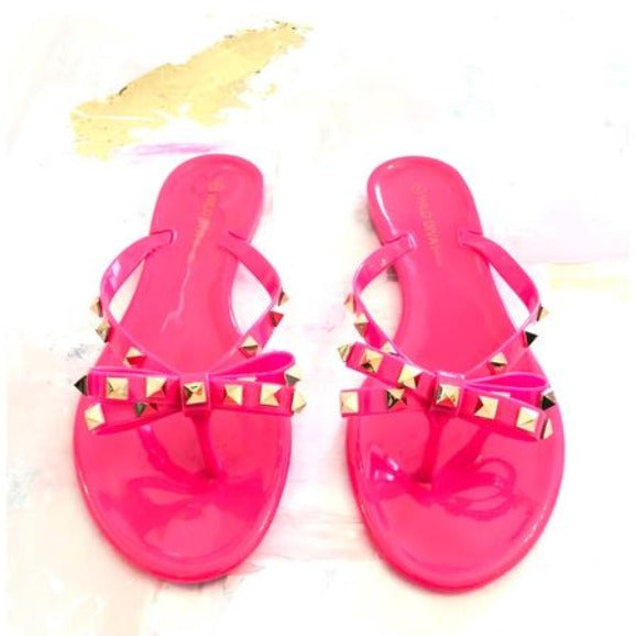 Chic Signature | Gold Studded Jelly Thong Sandal with Bow Detail | Stylish Footwear for Year-Round Elegance