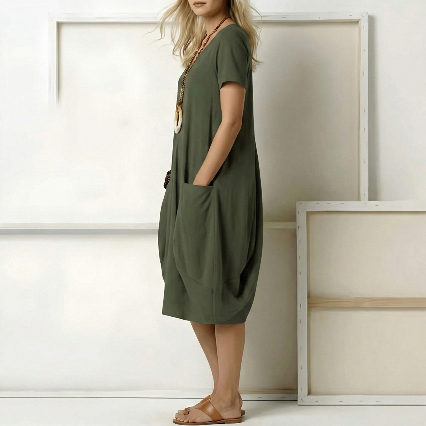 Effortless Elegance | Women's Midi Dress with V-Neck & Pockets | Lightweight Summer Dress for Casual Outings