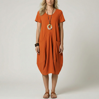Effortless Elegance | Women's Midi Dress with V-Neck & Pockets | Lightweight Summer Dress for Casual Outings