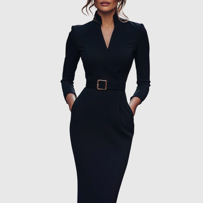 Elegant Black Dress | Sophisticated Mock Wrap Design with Belted Waist for Flattering Fit