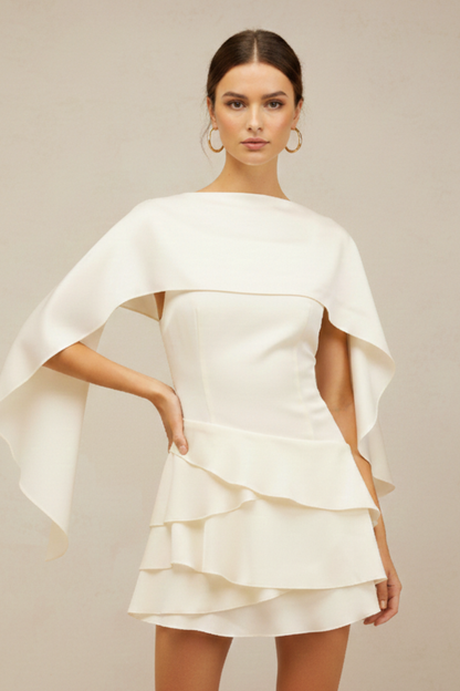 Elegant Collection | Women's Dress with Draped Shawl Panel & Ruffled Hem | Chic Mini Dress for Effortless Style