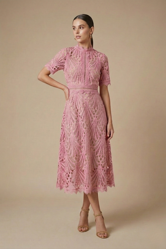 Elegant Collection | Women's Lace Midi Dress with Intricate Cutwork | Timeless Style for Special Occasions