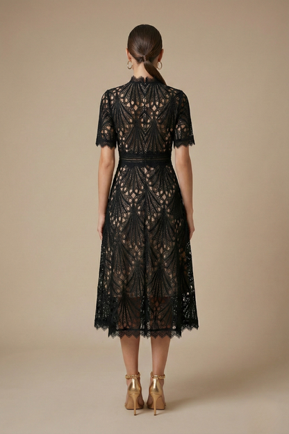 Elegant Collection | Women's Lace Midi Dress with Intricate Cutwork | Timeless Style for Special Occasions
