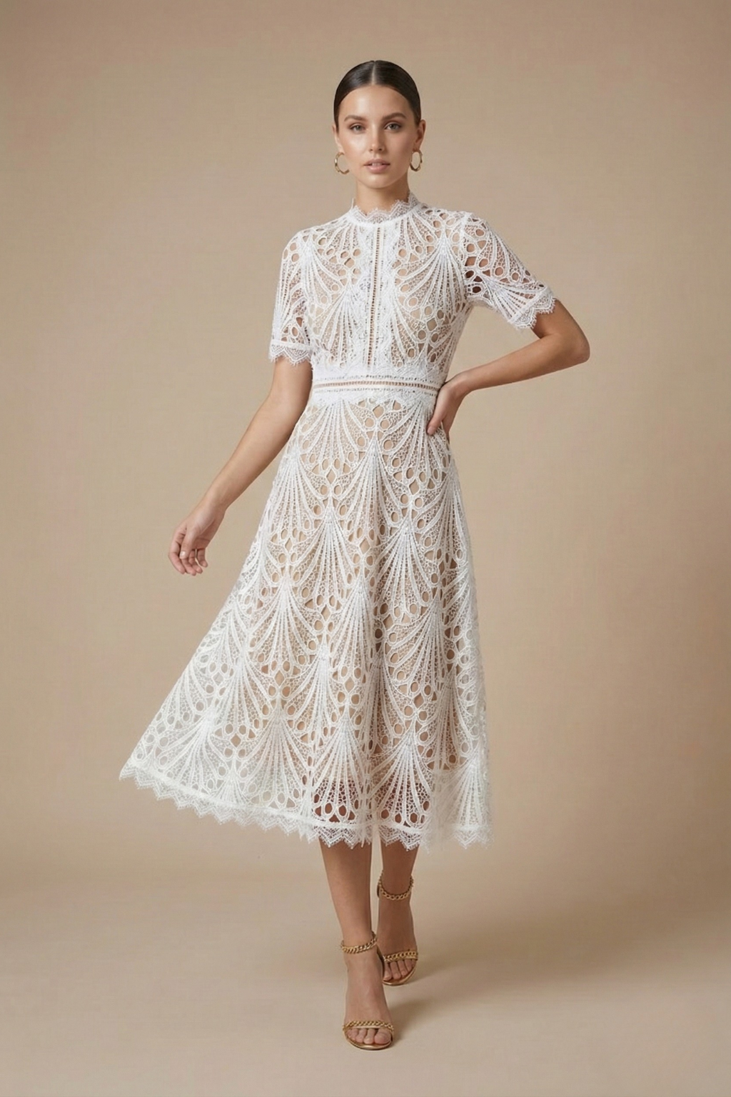 Elegant Collection | Women's Lace Midi Dress with Intricate Cutwork | Timeless Style for Special Occasions
