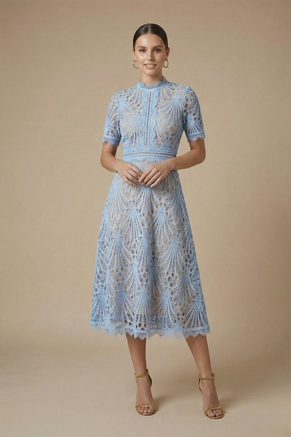 Elegant Collection | Women's Lace Midi Dress with Intricate Cutwork | Timeless Style for Special Occasions