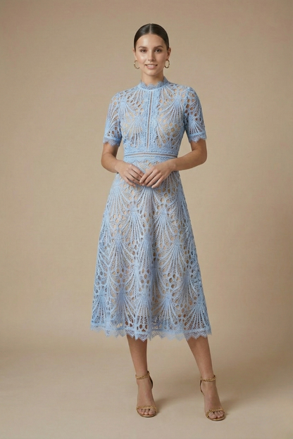 Elegant Collection | Women's Lace Midi Dress with Intricate Cutwork | Timeless Style for Special Occasions