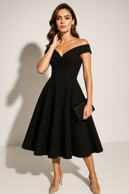 Elegant Collection | Women's Off-Shoulder Midi Dress with Flattering Fit | Chic Cocktail Dress for Timeless Sophistication