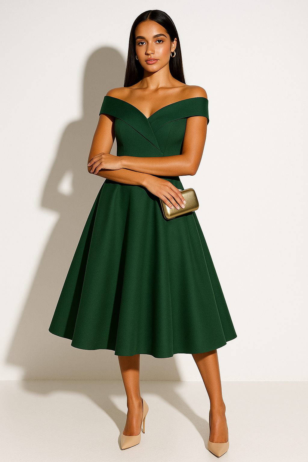 Elegant Collection | Women's Off-Shoulder Midi Dress with Flattering Fit | Chic Cocktail Dress for Timeless Sophistication