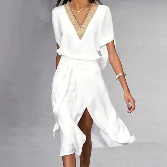Elegant Collection | Women's Summer Midi Dress with Flattering V Neck | Lightweight & Breathable for Effortless Style
