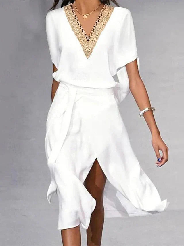 Elegant Collection | Women's Summer Midi Dress with Flattering V Neck | Lightweight & Breathable for Effortless Style