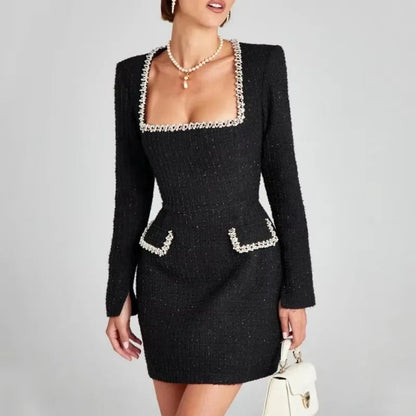 Elegant Collection | Women's Tweed Mini Dress with Long Sleeve & Square Neck | Chic Style for Evening Events