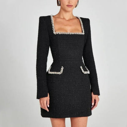 Elegant Collection | Women's Tweed Mini Dress with Long Sleeve & Square Neck | Chic Style for Evening Events