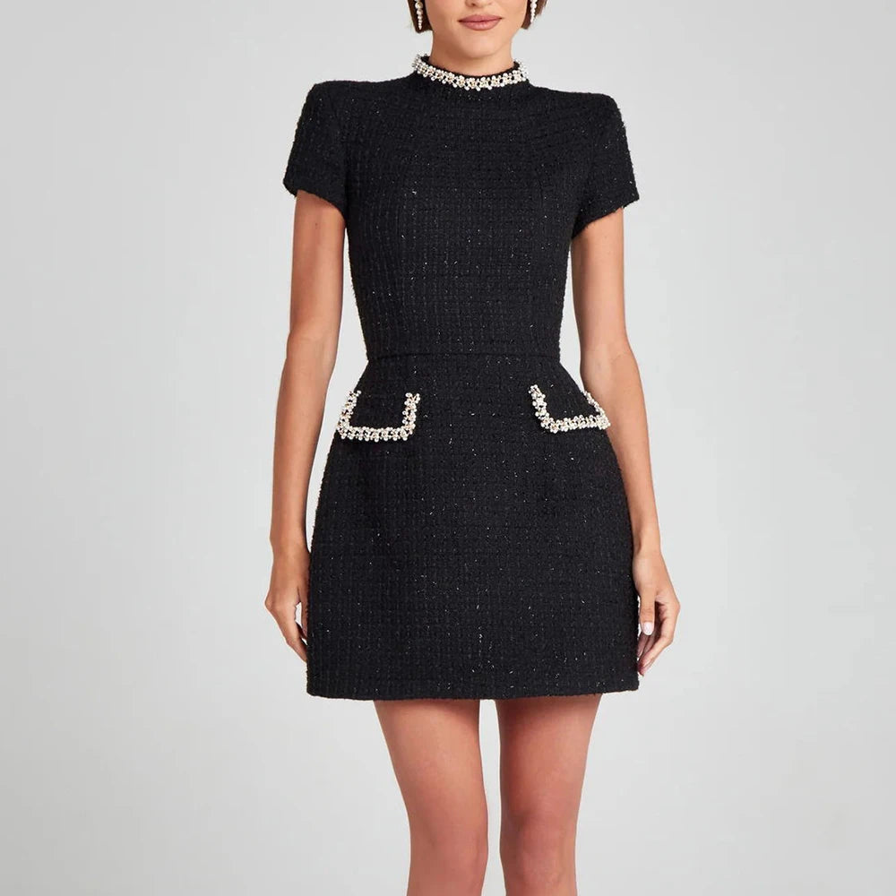 Elegant Collection | Women's Tweed Mini Dress with Long Sleeve & Square Neck | Chic Style for Evening Events