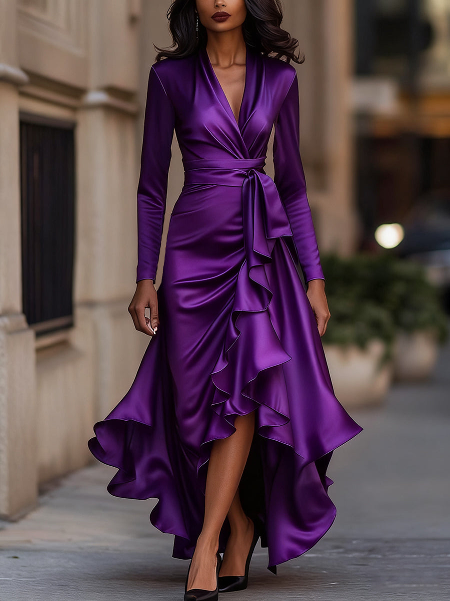 Elegant Draped Satin Maxi Dress with Long Sleeves & Ruffle Hem for Timeless Glamour