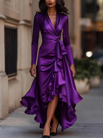 Elegant Draped Satin Maxi Dress with Long Sleeves & Ruffle Hem for Timeless Glamour