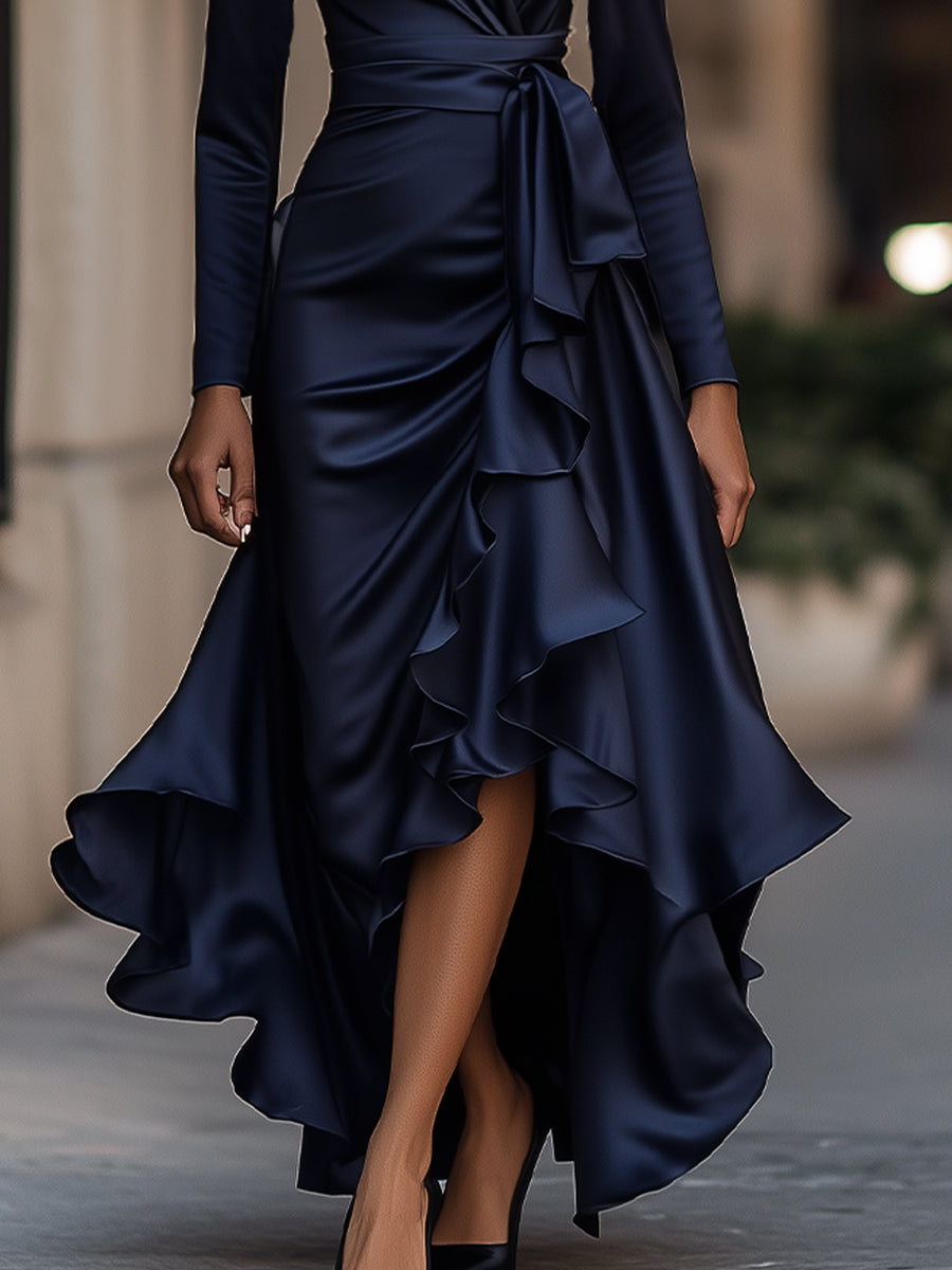 Elegant Draped Satin Maxi Dress with Long Sleeves & Ruffle Hem for Timeless Glamour
