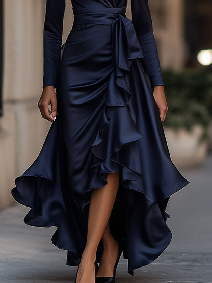Elegant Draped Satin Maxi Dress with Long Sleeves & Ruffle Hem for Timeless Glamour