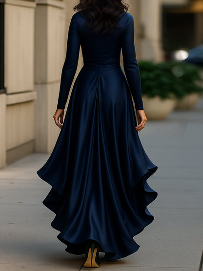 Elegant Draped Satin Maxi Dress with Long Sleeves & Ruffle Hem for Timeless Glamour