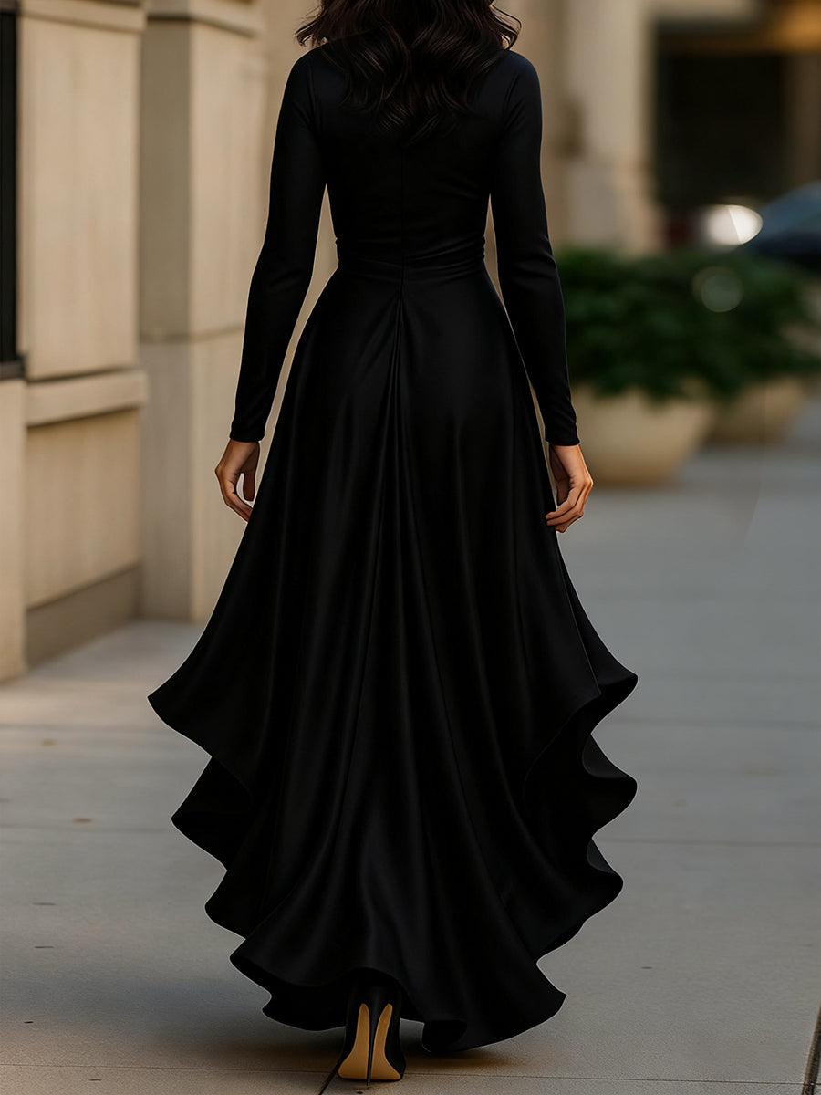 Elegant Draped Satin Maxi Dress with Long Sleeves & Ruffle Hem for Timeless Glamour