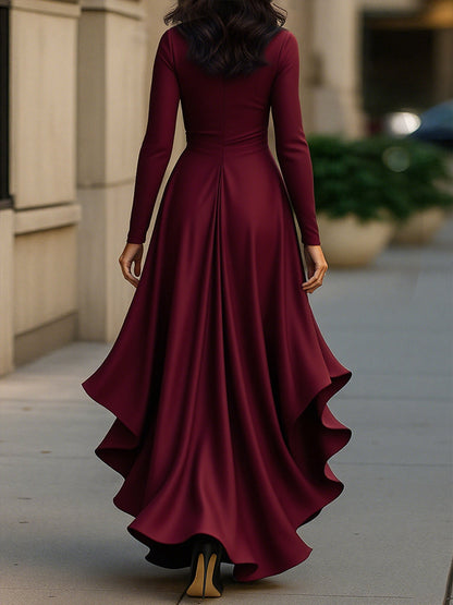 Elegant Draped Satin Maxi Dress with Long Sleeves & Ruffle Hem for Timeless Glamour
