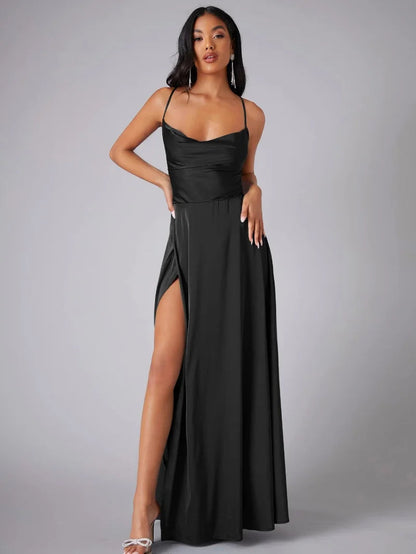 Elegant Evening Gown | Satin Backless Dress with Draped Neckline for Formal Events