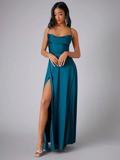 Elegant Evening Gown | Satin Backless Dress with Draped Neckline for Formal Events