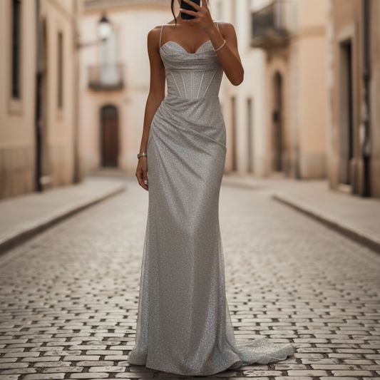 Elegant Evening Gowns | Maxi Spaghetti Strap Dress with High Side Slit | Perfect Formal Wedding Guest Attire