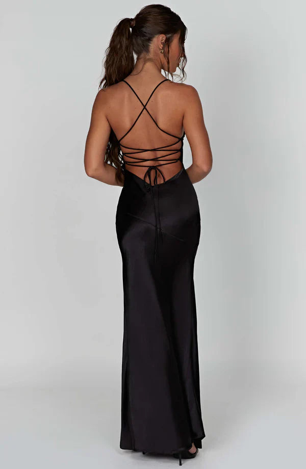 Elegant Evening Wear | Women's Satin V Neck Maxi Dress with Side Slit | Adjustable Lace-Up Back for Perfect Fit