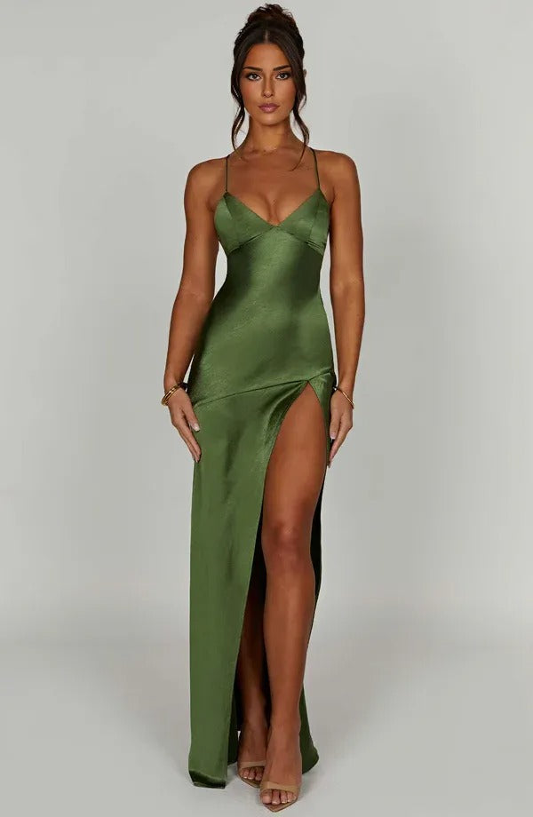Elegant Evening Wear | Women's Satin V Neck Maxi Dress with Side Slit | Adjustable Lace-Up Back for Perfect Fit