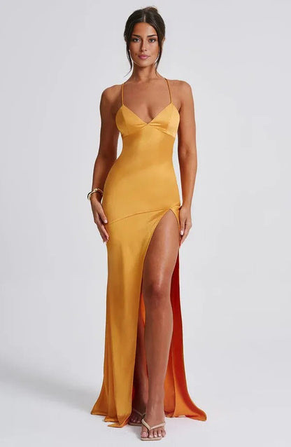 Elegant Evening Wear | Women's Satin V Neck Maxi Dress with Side Slit | Adjustable Lace-Up Back for Perfect Fit