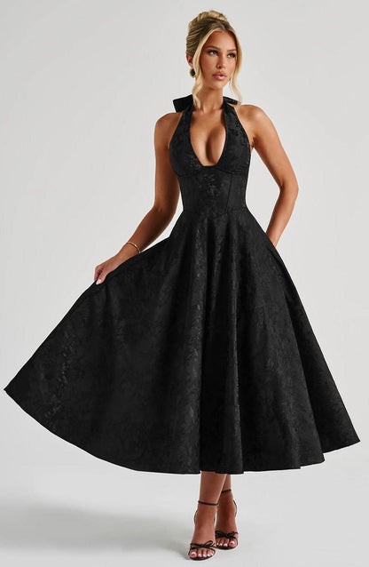 Elegant Floral Halter Midi Dress | Women's Cocktail Dress with Plunge Neckline for Weddings and Events