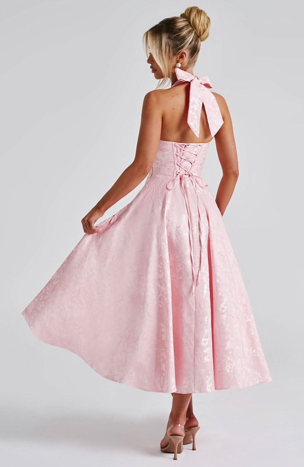 Elegant Floral Halter Midi Dress | Women's Cocktail Dress with Plunge Neckline for Weddings and Events