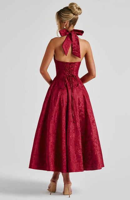 Elegant Floral Halter Midi Dress | Women's Cocktail Dress with Plunge Neckline for Weddings and Events
