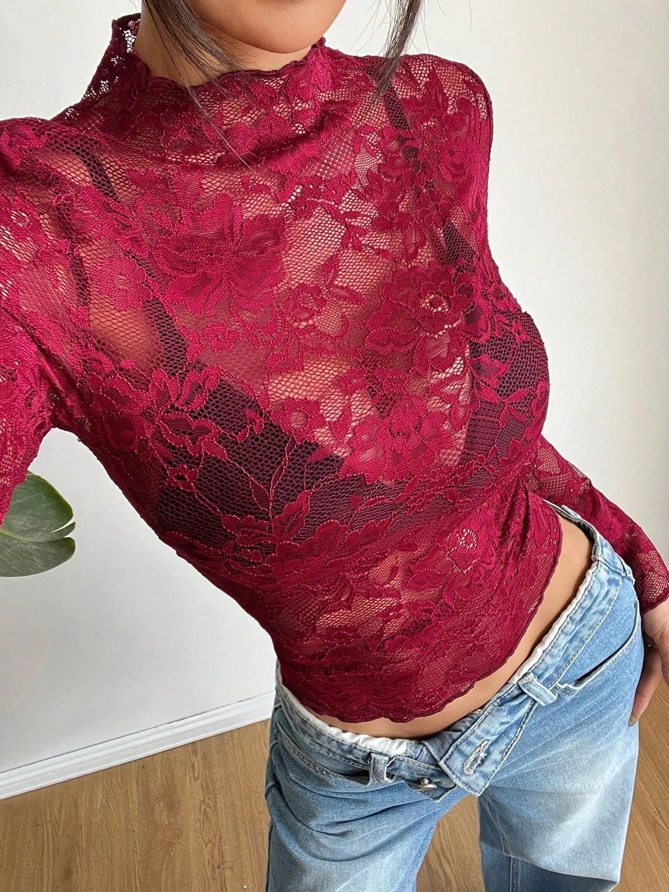Elegant Floral Lace Blouse | Fitted Top with Flare Sleeves | Versatile Mesh Design for Effortless Styling