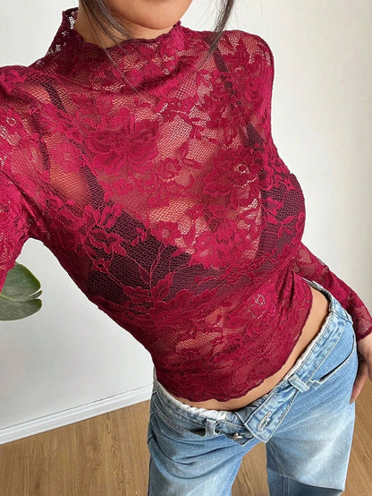 Elegant Floral Lace Blouse | Fitted Top with Flare Sleeves | Versatile Mesh Design for Effortless Styling