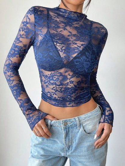 Elegant Floral Lace Blouse | Fitted Top with Flare Sleeves | Versatile Mesh Design for Effortless Styling