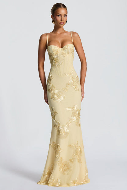 Elegant Floral Maxi Dress | Women's Dress with Sweetheart Neckline & Appliqué Detail for Wedding Guests
