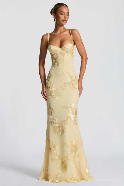 Elegant Floral Maxi Dress | Women's Dress with Sweetheart Neckline & Appliqué Detail for Wedding Guests