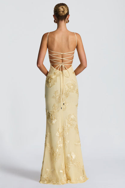 Elegant Floral Maxi Dress | Women's Dress with Sweetheart Neckline & Appliqué Detail for Wedding Guests
