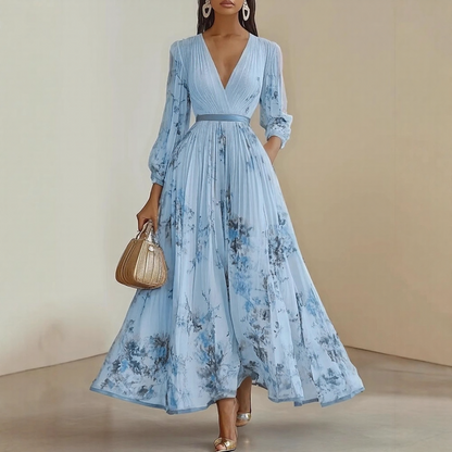 Elegant Floral Maxi Dress with Long Sleeves & Adjustable Tie for Effortless Style