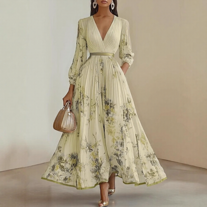 Elegant Floral Maxi Dress with Long Sleeves & Adjustable Tie for Effortless Style