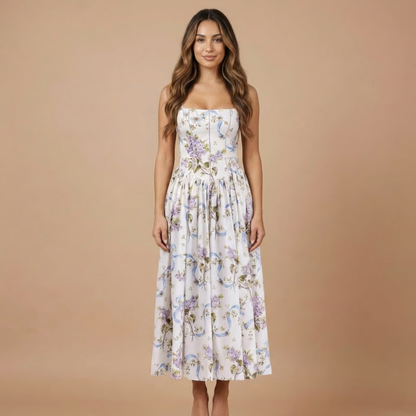 Elegant Floral Midi Dress | Women's Dress with Corset Bodice for Effortless Elegance