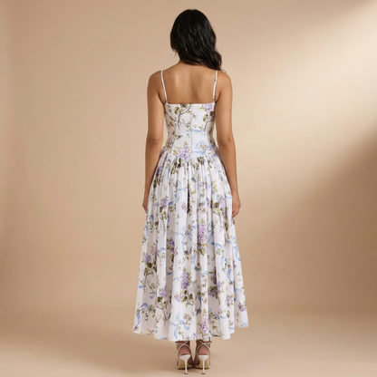 Elegant Floral Midi Dress | Women's Dress with Corset Bodice for Effortless Elegance