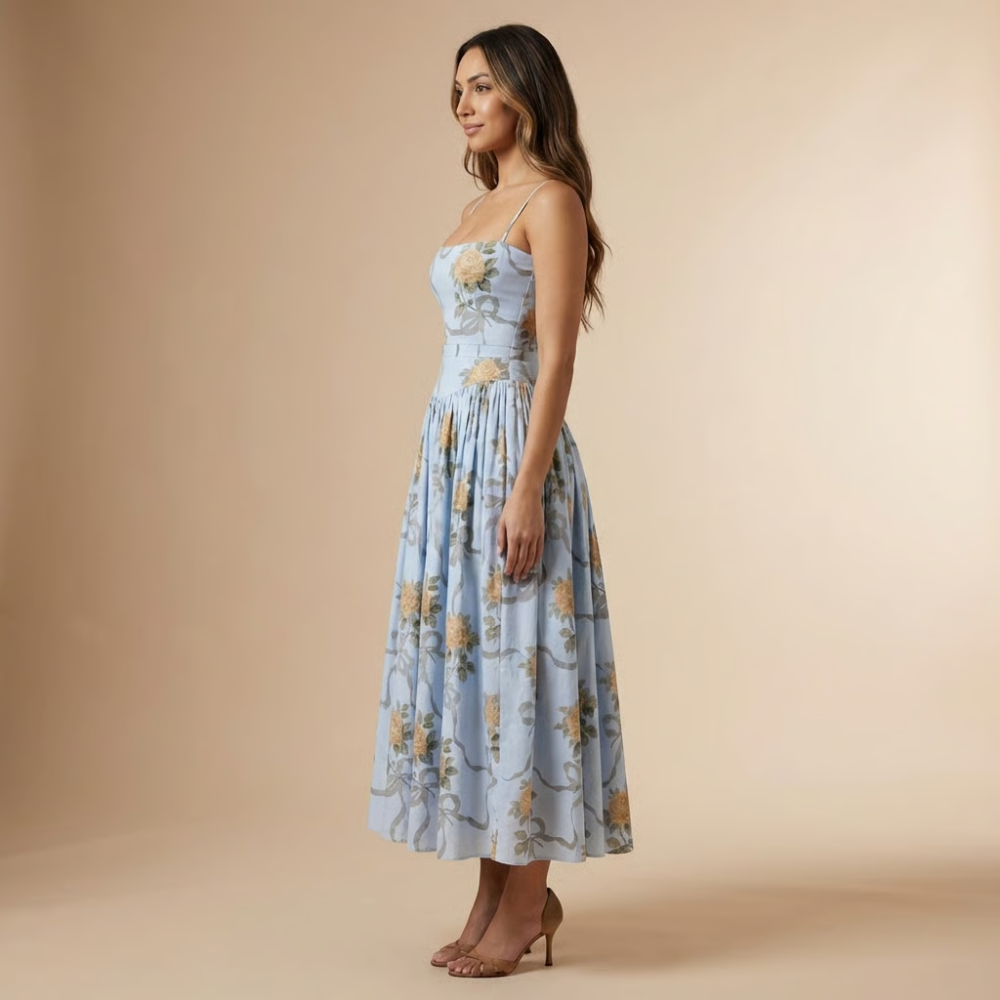 Elegant Floral Midi Dress | Women's Dress with Corset Bodice for Effortless Elegance
